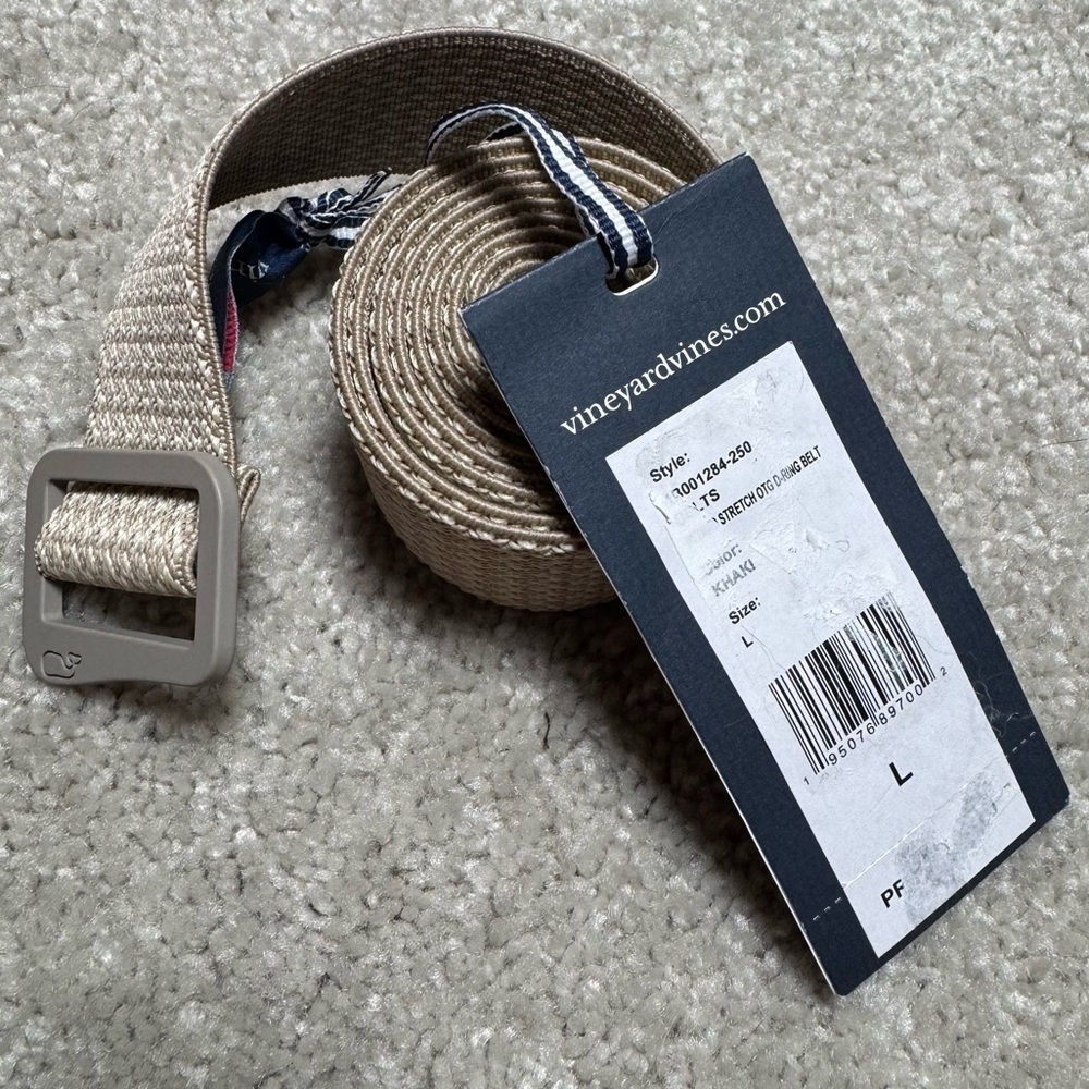 NWT Vineyard Vines Men LARGE Belt D-Ring Stretch Taupe Tan Beige Golf Preppy - Picture 2 of 5